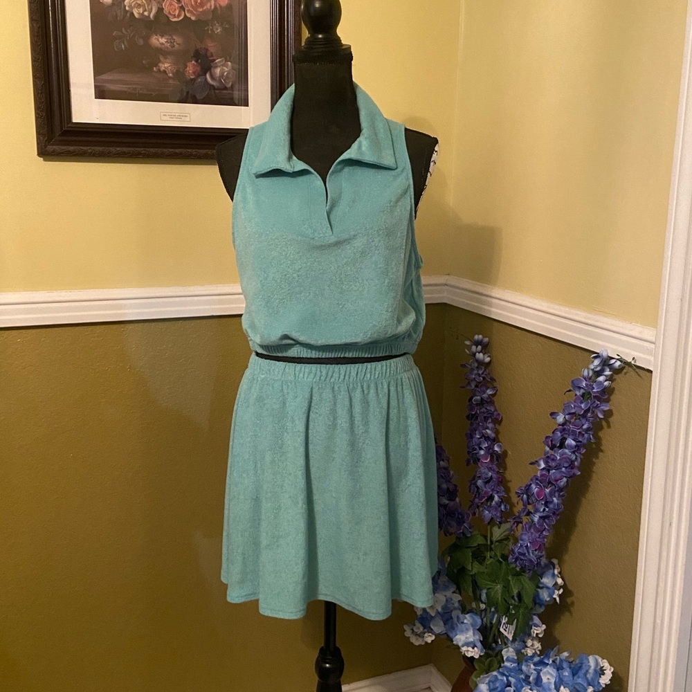 90’s Terry Cloth Co Ord Collared Cropped Top & Matching Skirt Set